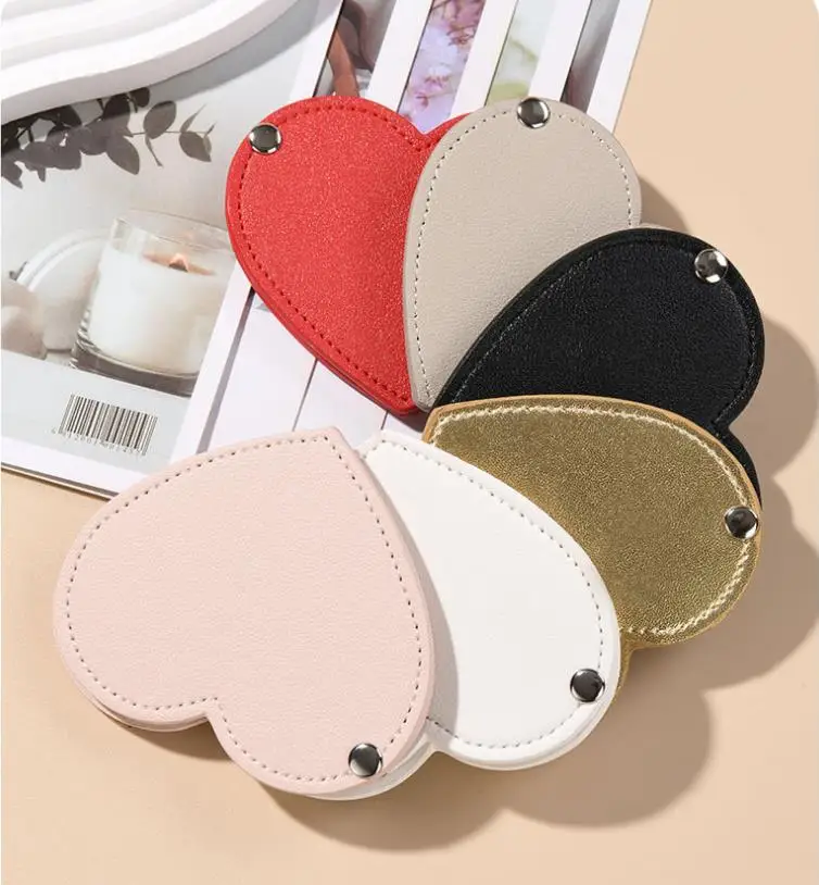 Travel Heart Shaped Pu Leather Makeup Mirror Custom Logo Rotatable Stainless Steel Cosmetic Pocket Mirrors For Women