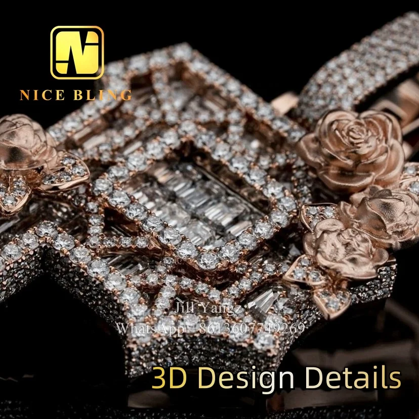 3d Design Rose Letter P Iced Out Custom Letter Pendant 925 Silver VVS Moissanite Diamond Number Name Initial Logo Pendant