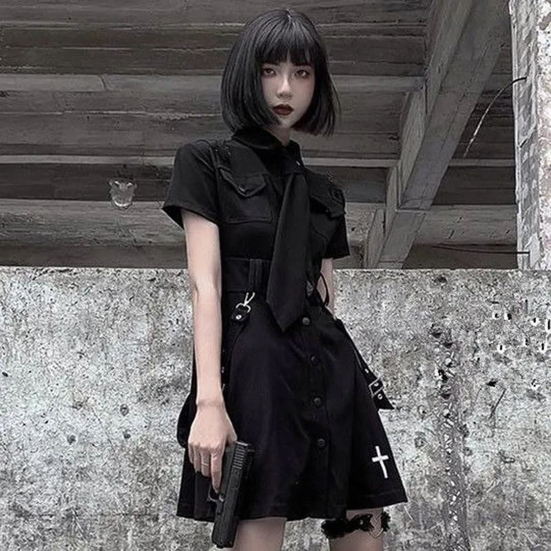 Goth Dress Punk Gothic Harajuku Summer Black Mini Dress Shirt Women 2022 Short Sleeve Emo Clothes Mall Goth Accessories