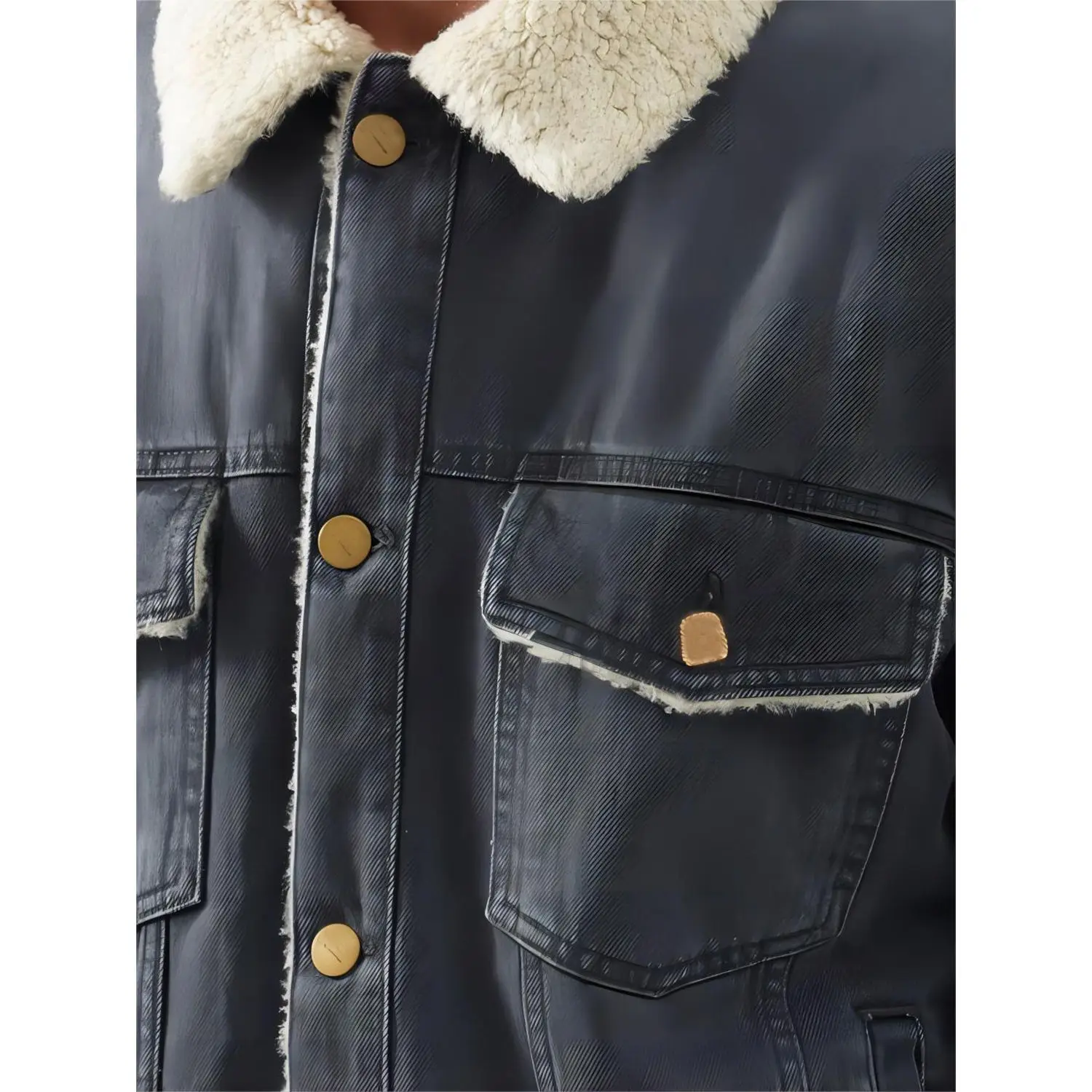 Men Autumn Winter Outwear Point-Collar Long Sleeve With Button Cuffs Closure Chest Pockets Denim Jean Jacket With Fleece Lining