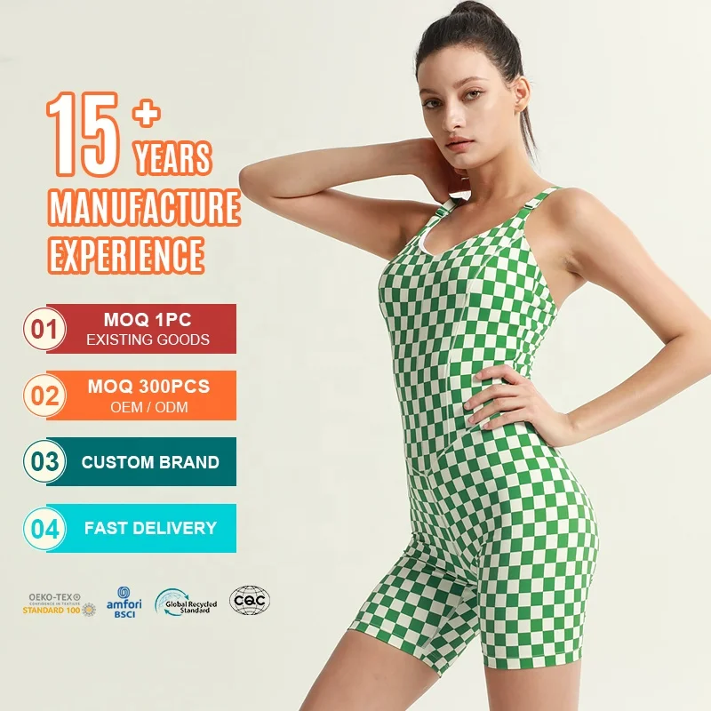 OEM high quality spandex sports playsuit yoga wear breathable high stretch plaid workout jumpsuit for women