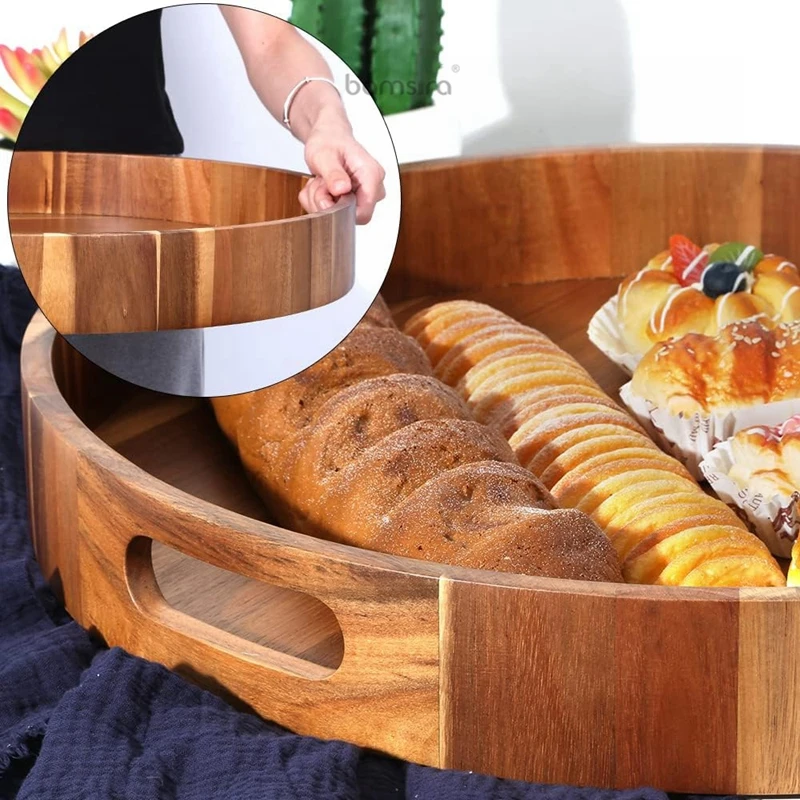 Decorative Round Shape Snack Breakfast Coffee Table Home Wooden Serving Tray with Handles