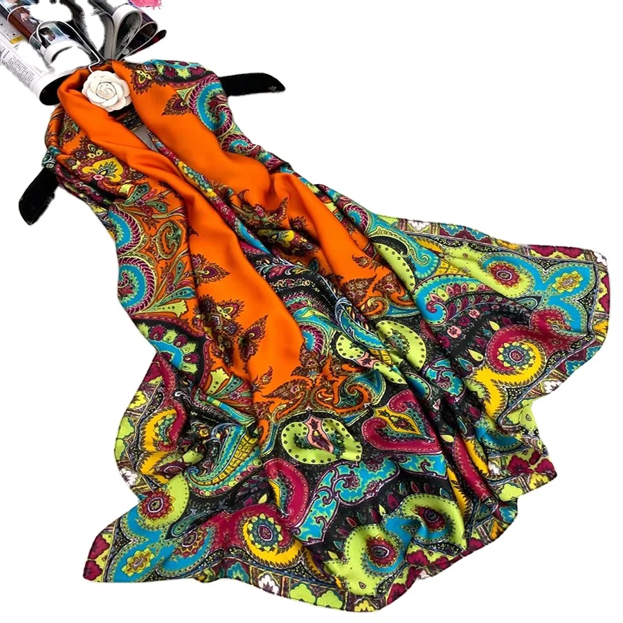 
Digital Printed Head Silk Women Big Square Hijab 2021 Vintage Scarf Muslim Scarf That Covers Face 