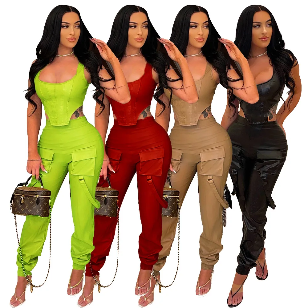 2021 Sexy Fashion Women Wrap Chest Crop Top Halter High Elastic Pu Leather Two-Piece Suit Women Casual Jumpsuit Overalls