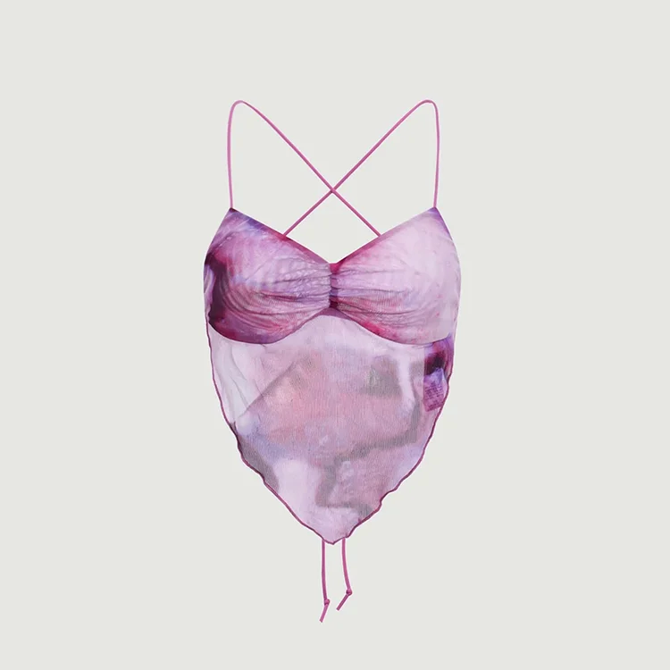 Custom Women Sexy Tie Dye Ruched Crisscross Backless Knot Hanky Hem Mesh Cami Top Cropped Corset Crop Tank Top