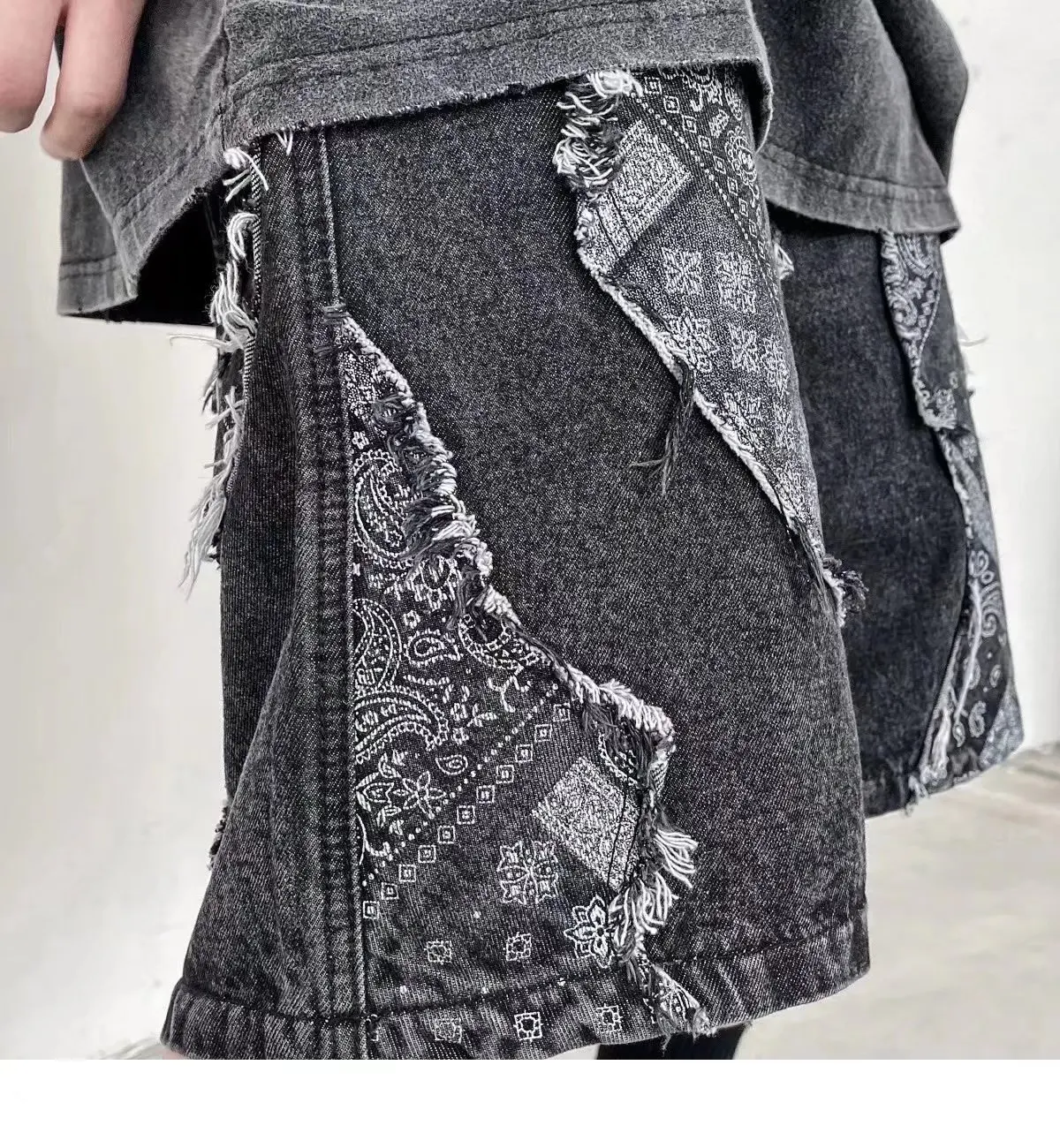 Custom Patchwork Breathable Denim Casual Shorts Baggy Jeans Short for Men Denim Fabric Knitted Washed Distressed Shorts Men