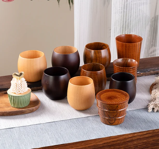 Factory Direct Custom Logo Vintage Wood Grain Big Belly Tea Cups and Saucers Premium Wooden Coffee Mug