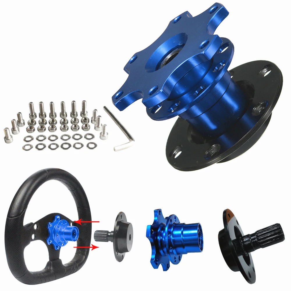 Blue Steering Wheel Quick Release Adapter, 6 bolt Pop Off Racing Steering Wheel Hub Boss Kit