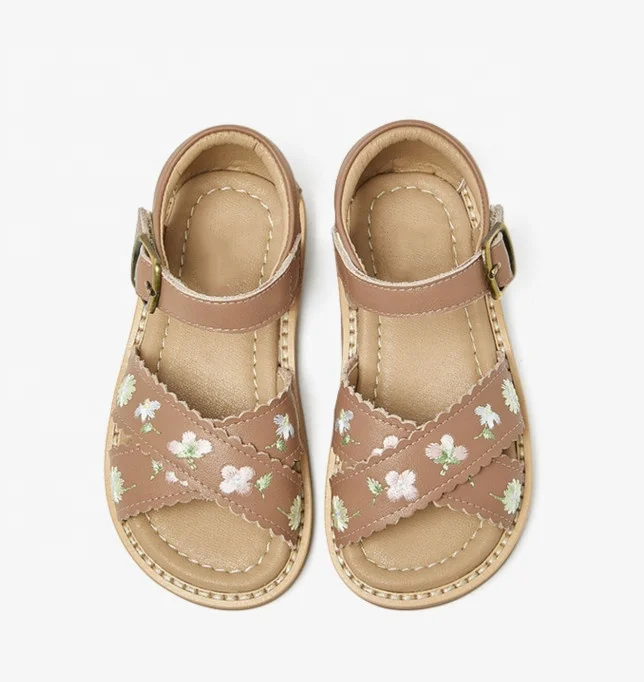 2023 Kids Children Leather Embroidery Flowers Crossed Strap Little Girls Princess Flat Sandals