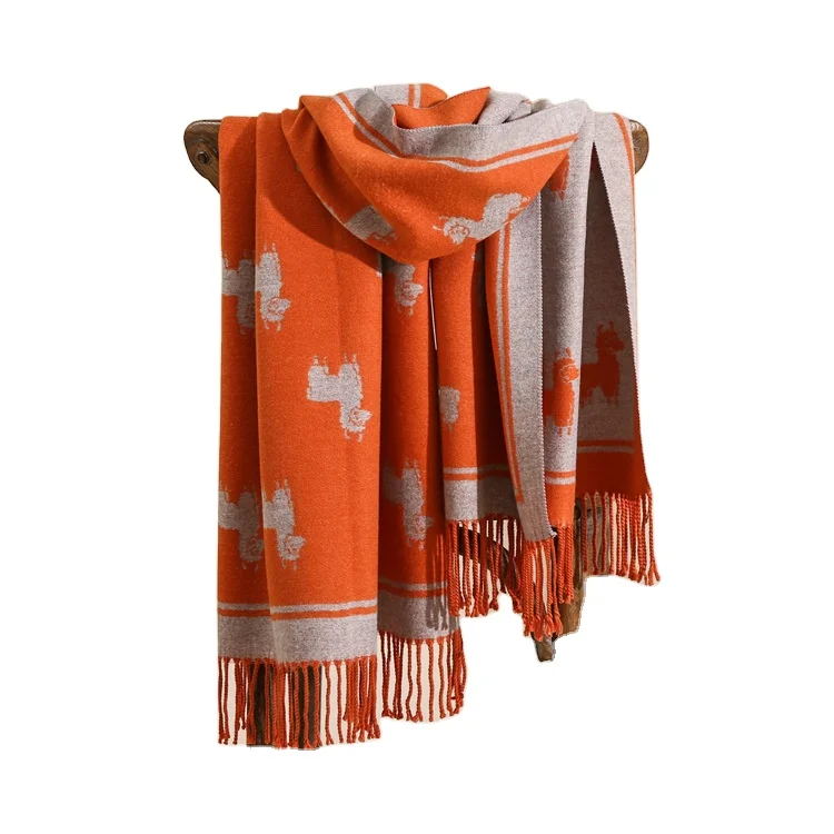 2023 Wholesale new alpaca animal pattern pashmina fringe shawls elegant double sided long winter warm cashmere scarves for women