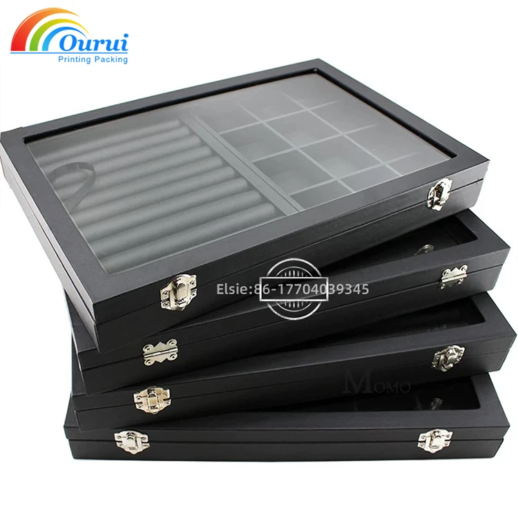 Stackable Black Leather Jewelry Box Tray with Glass Cover for Rings Bracelets Necklaces Earrings-Watch Boxes & Cases