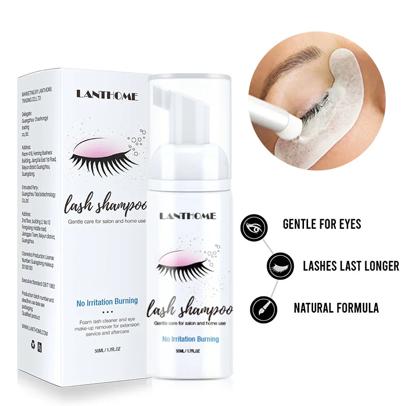 Lanthome 50ml eyelash extension shampoo cleanser eye makeup remover foam eyelashes cleaning shampoo with brush foam lash cleaner