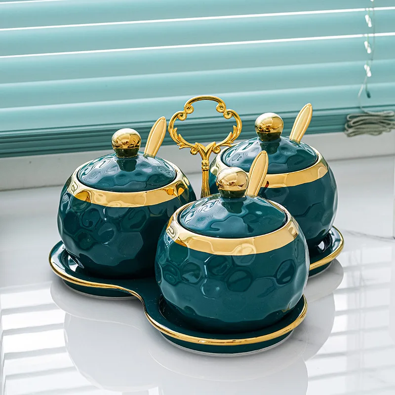 Luxury Kitchen Porcelain Sugar Salt Bowl Condiment Pot Seasoning Jar Box Ceramic Spice Set Jar With Spoon Tray