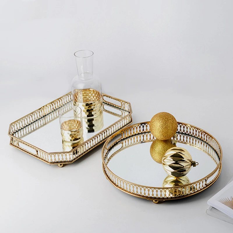 Hot sale home decor metal mirror tray rectangle round Vanity Luxury Jewelry Perfume Mirrored Tray