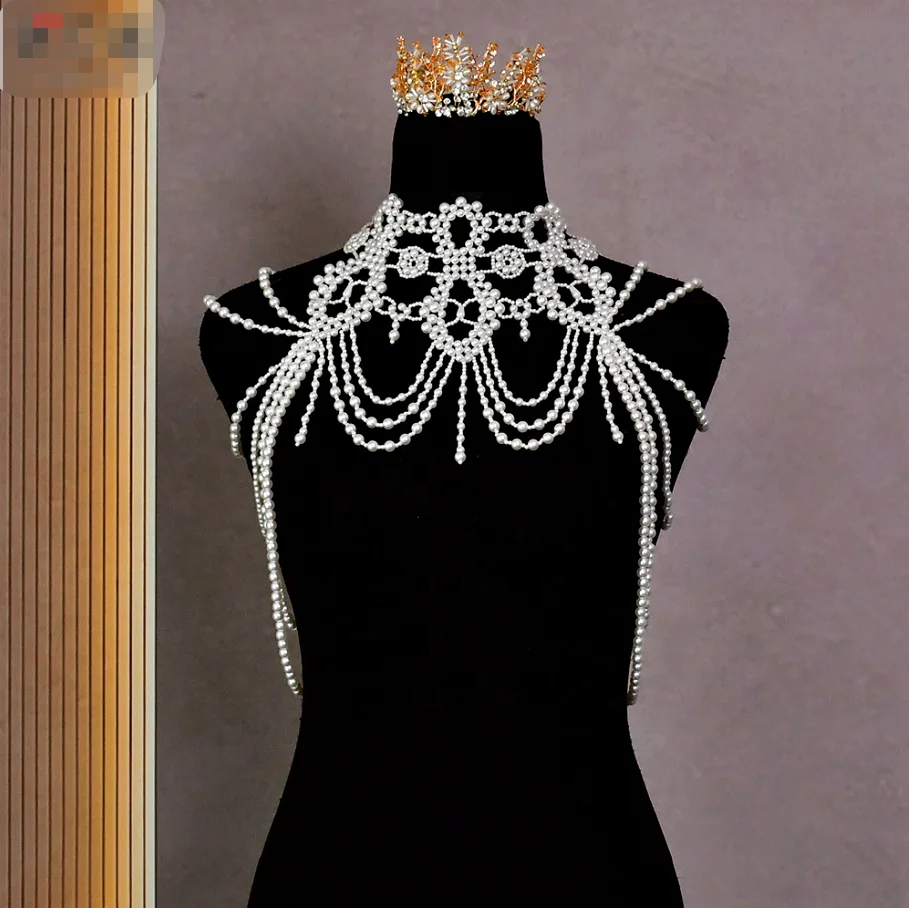 Feishiluo Pearl Shoulder Chain Necklaces Statement Bridal Necklaces Pendant Women Sexy Statement Body Party Jewelry