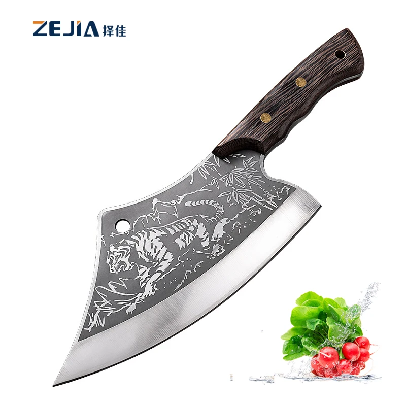 Full Tang Handmade Butcher Knife  Heavy Duty Bone Knife Tiger Pattern Kitchen Chef Cleaver Knife