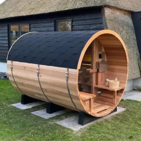 Hot Sale Custom Logo Outdoor Traditional Wooden Barrel Sauna Room with Harvia Stove and Stones