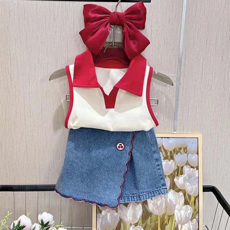 2024 Little Girl Summer Clothing White Red Turn-down Sleeveless Polo Shirt +Denim Skirt Shorts 2 pcs Garment Set