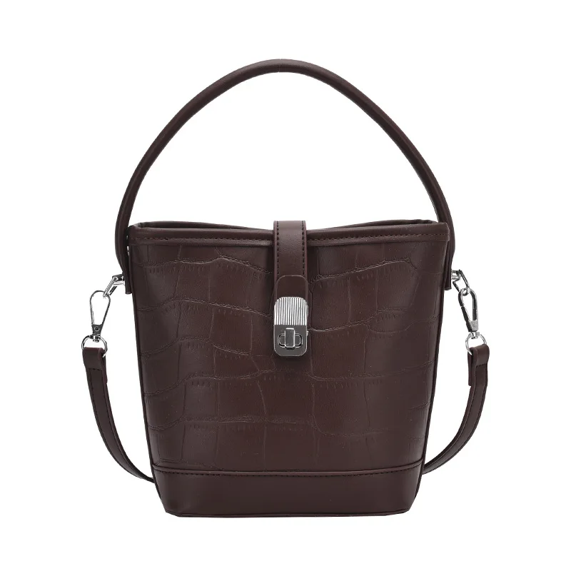 2024 Trendy Designer Brand PU Leather Crossbody Bucket Bag for Women Single Strap Vintage Bohemian Dress Style Portable Handbag