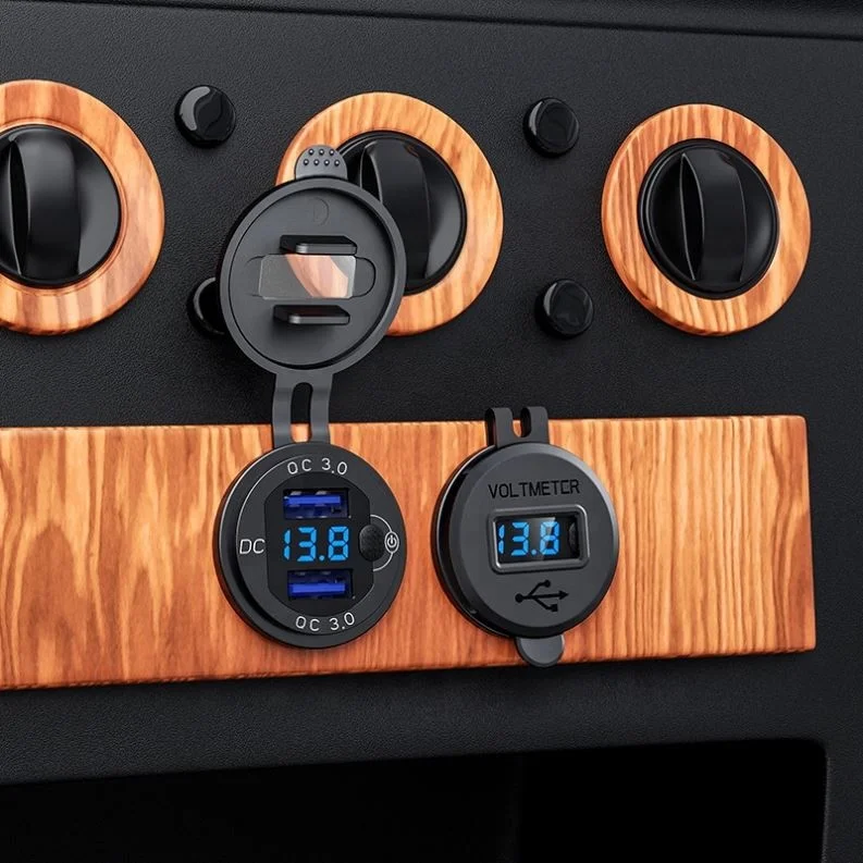 12V/24V Waterproof Dual QC3.0 USB Car Charger socket with LED Digital Voltmeter and ON-OFF switch