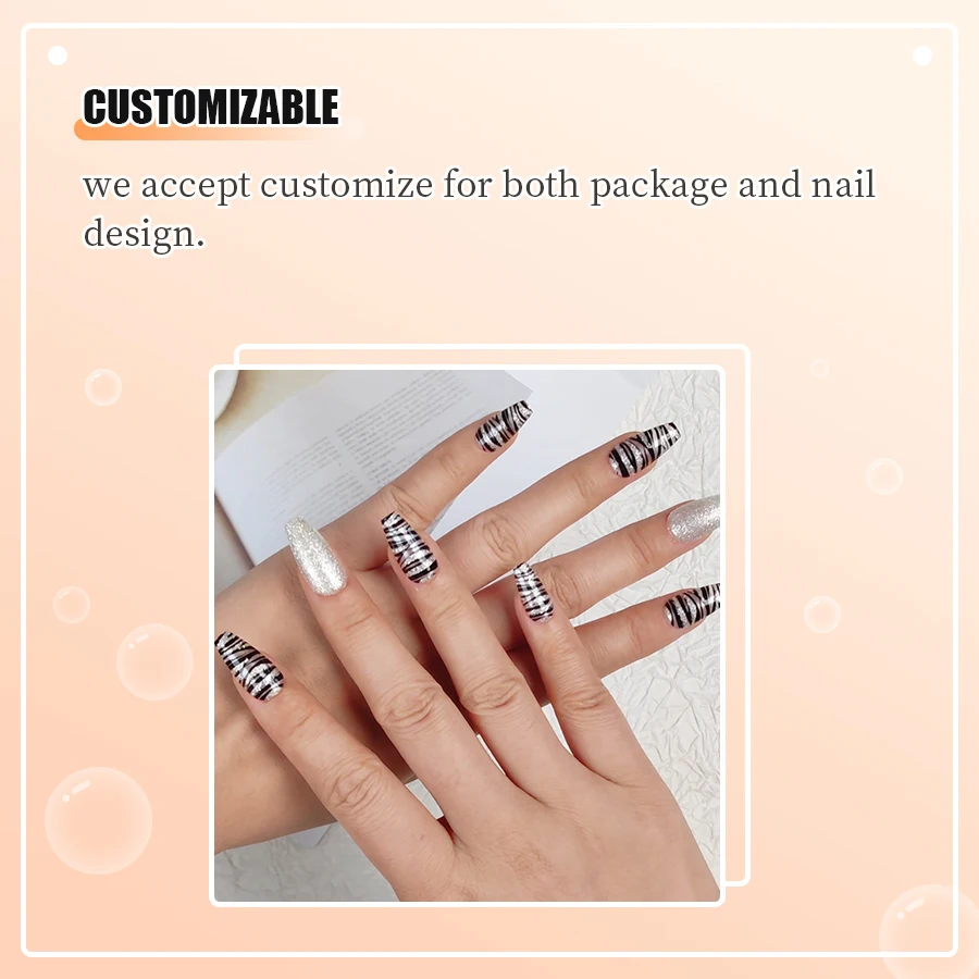 Glamorous animal theme leopard black line nails art with silver glitter nails shiny stylish medium coffin press on nails