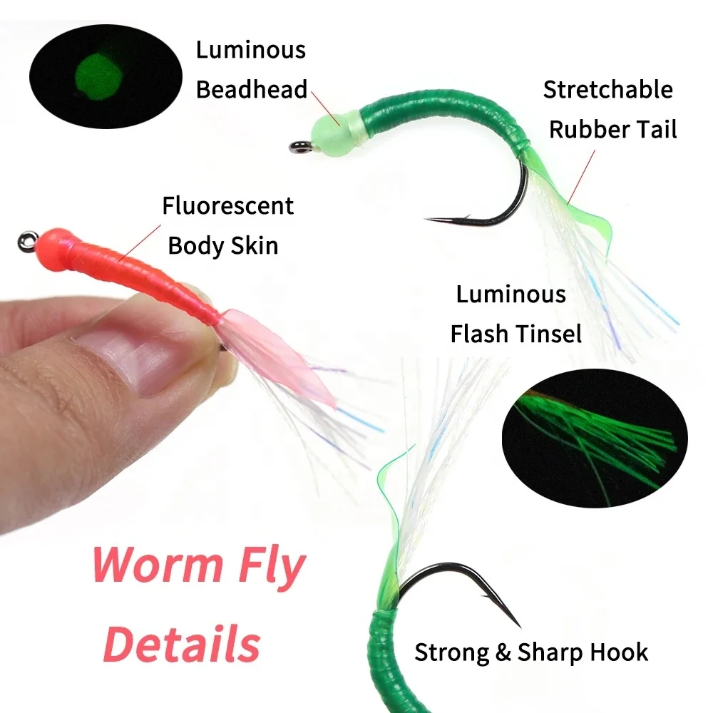 Luminous Bead Head Wet Fly Fishing Flies worm hook Twisted Flash Tinsel Maylar Tinsel Tail For Bass Trout Sea Fishing Lure Bait