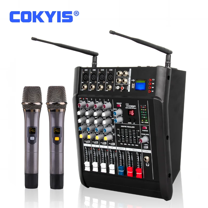 Professional build-in power amplifier 4 way audio mixer with dual wireless microphones 4 channel power powered audio mixer