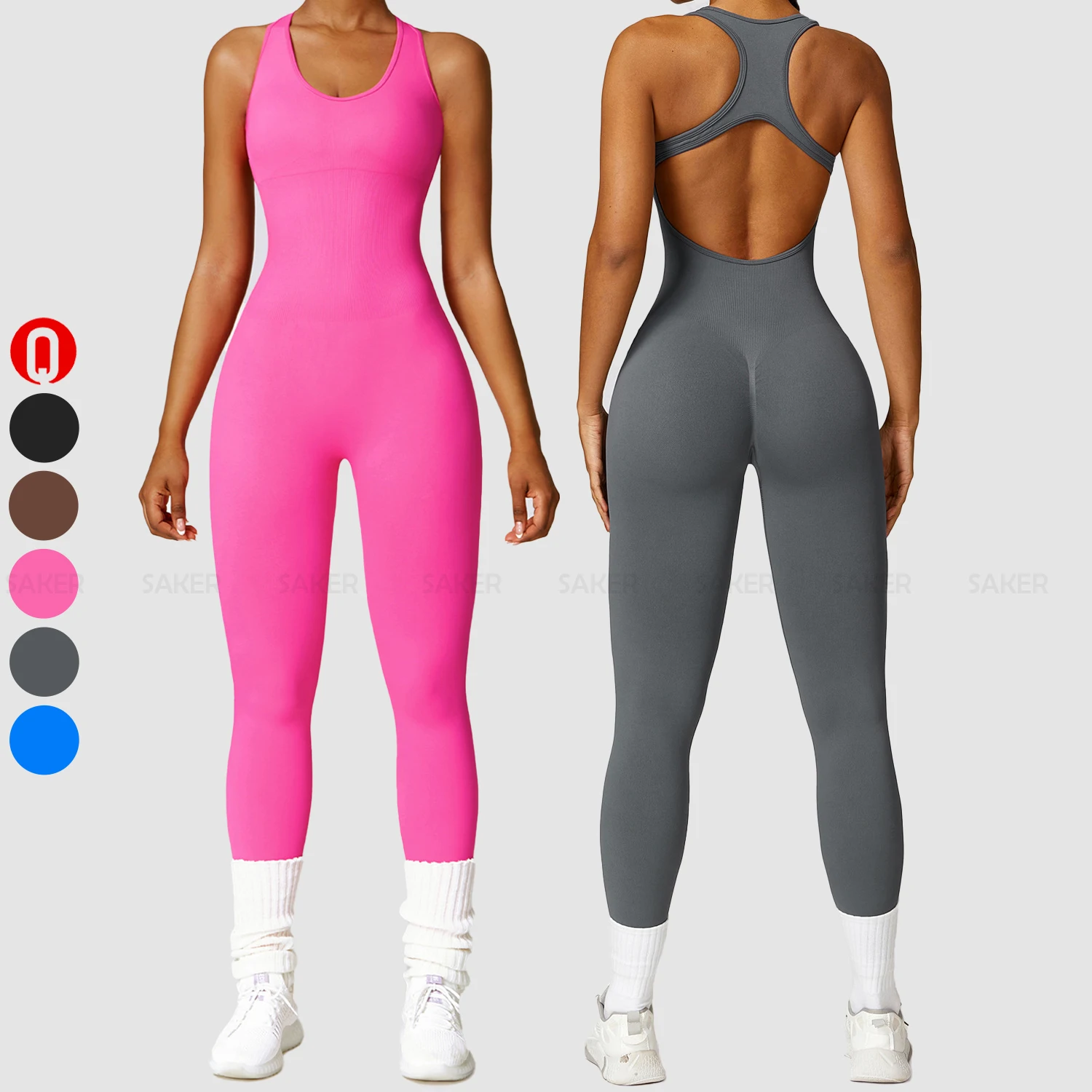 Good Quality Ladies Seamless Ribbed One Piece Hollow Out Back Jumpsuit Female Fitness Sleeveless Tight Fit Yoga Bodysuits