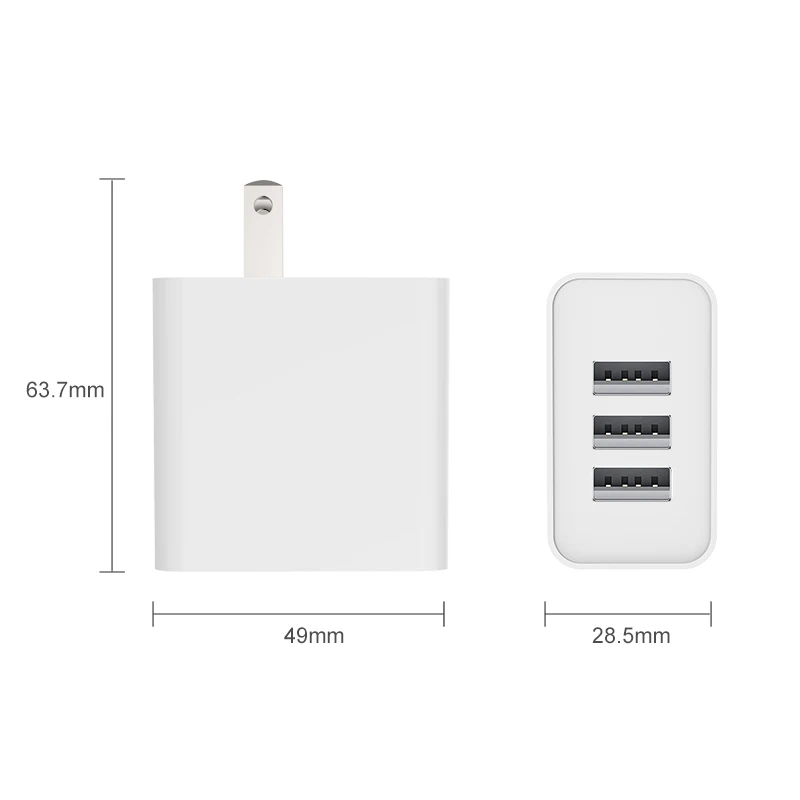 Multi ports 3 USB wall charger adapter triple ports 5V 2.4A usb wall adapter with foldable plug design