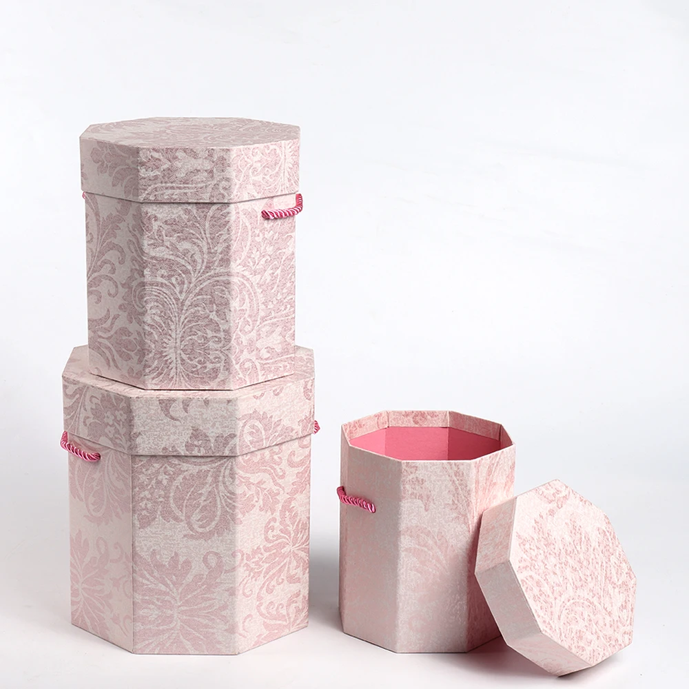 New desgin Vintage pattern three-piece octagonal box with rope flowers gift box flower Box