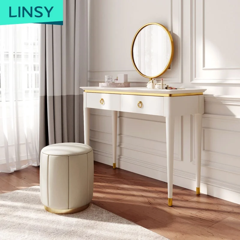 Linsy Modern White Metal Gold Marble Make up Vanity Table Set Dresser Cheap Mini Simple Vanity Dressing Table Ek1C