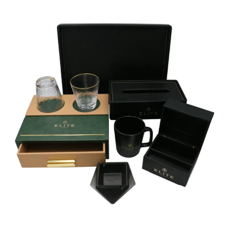 Luxury Guest Amenities Holder Set Leather Hotel Room Accessories Popular Hotel Leather Set