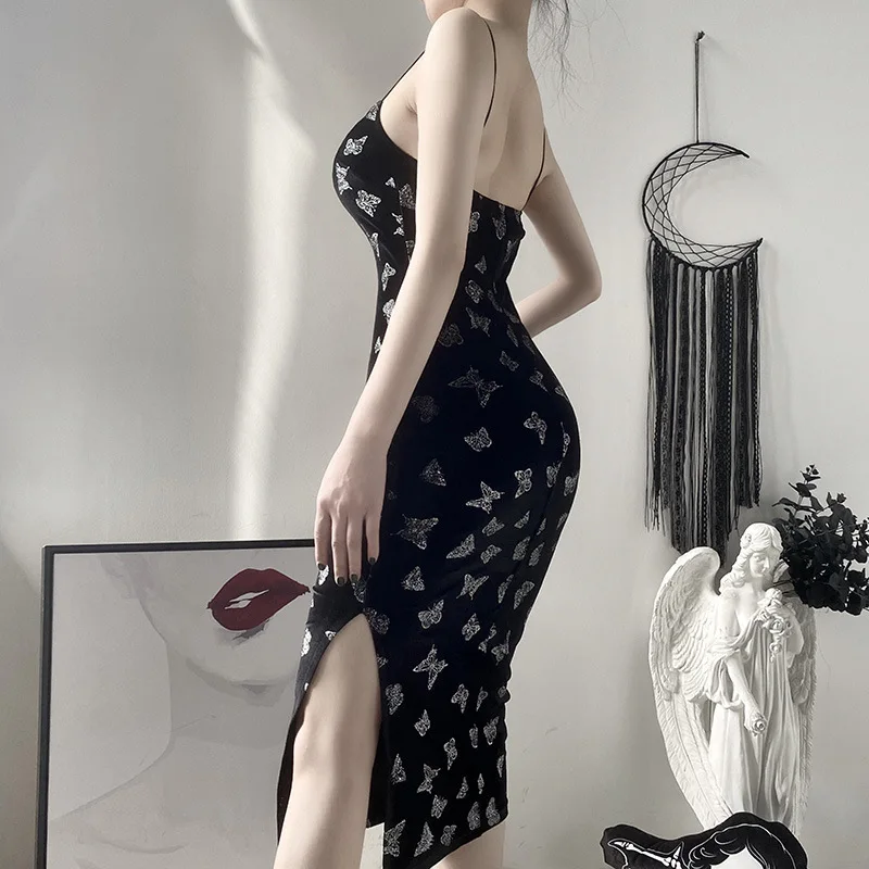2022 Fashion Dark Sexy Butterfly Print Fork Cheongsam Bodycon Women Night Club Sling Qipao Dress
