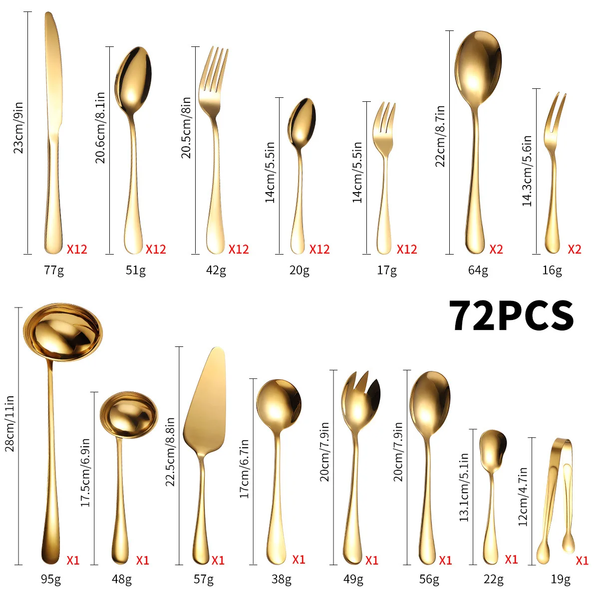 12 People Cubiertos Stainless Steel 72pcs Flatware Silverware Gold Cutlery Serving Set