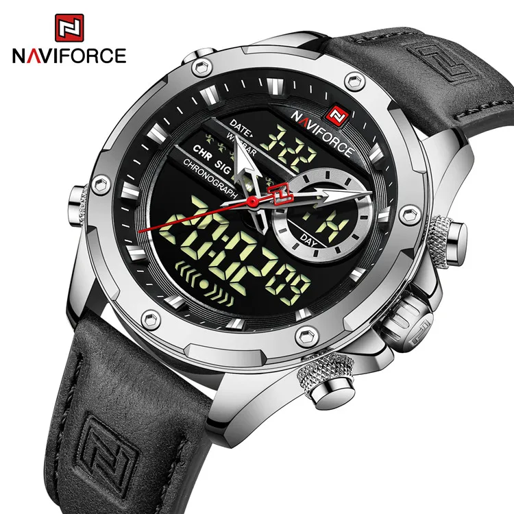 NAVIFORCE 9208 SB бизнес кожаные мужские часы Кварцевые Аналоговый ЖК-дисплей Watch Sport Водонепроницаемость: 3 АТМ для мужские наручные часы