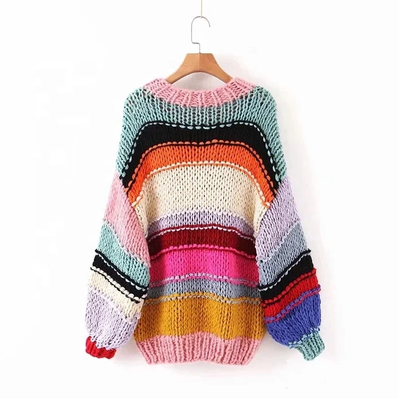 European And American Wind Autumn Big Size Fat Woman Bumps Color Winter Pure Handwork To Weave Coarse Needle Sweater Coat Female