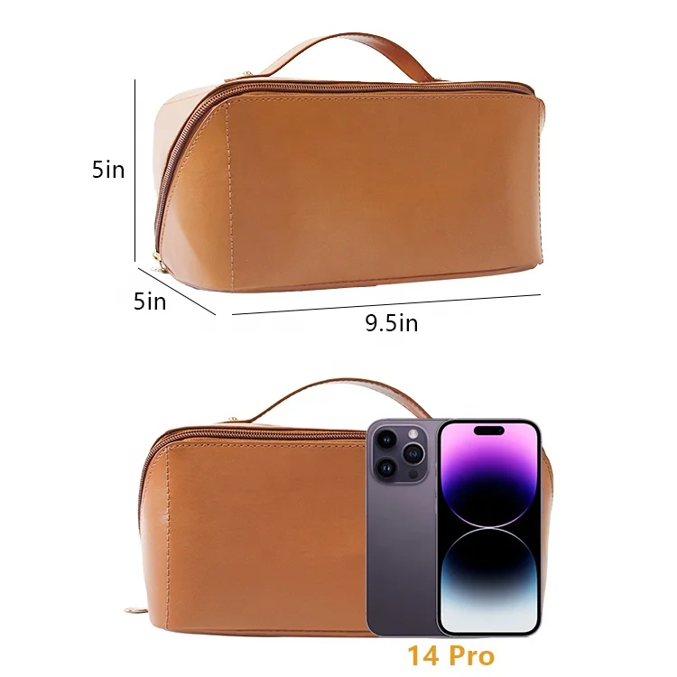 Custom Logo Waterproof  Women Portable Luxury Genuine Large Travel Cosmetic Pillow Wash Pouch PU Leather Makeup Toiletries Bag