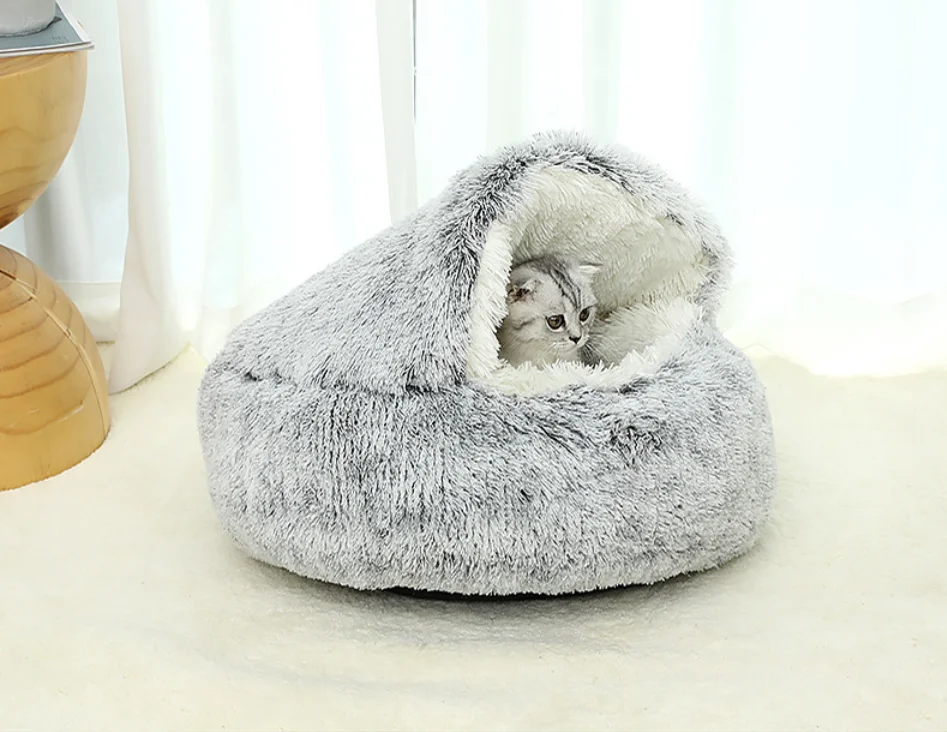 Pet Cat Bed Round Long Soft Plush Burrowing Cave Hooded Dog Cat Bed