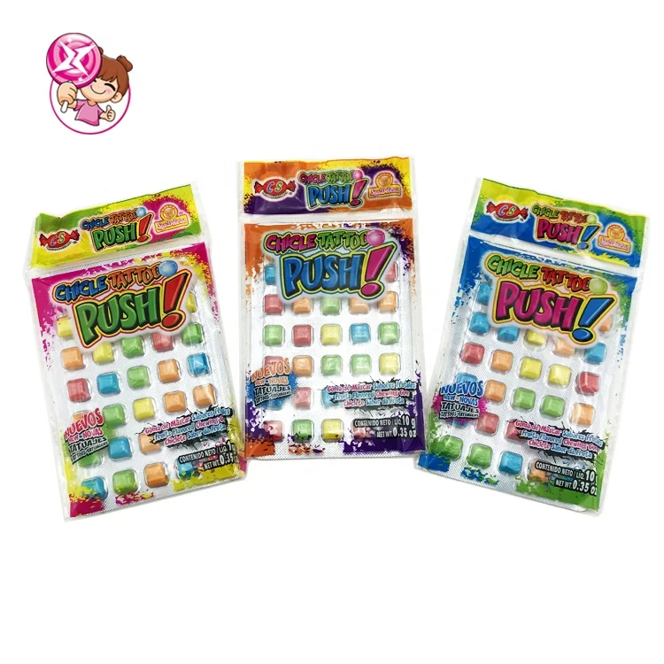 Mini pieces packed with square fruit flavors rainbow of multi-colored bubble gum gum and tattoo stickers