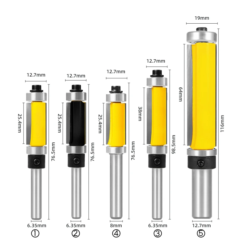1/4inch Shank Flush Trim Router Bit Top & Bottom Double Bearing Profile Trimming Bits Woodworking Tool Carbide Milling Cutter