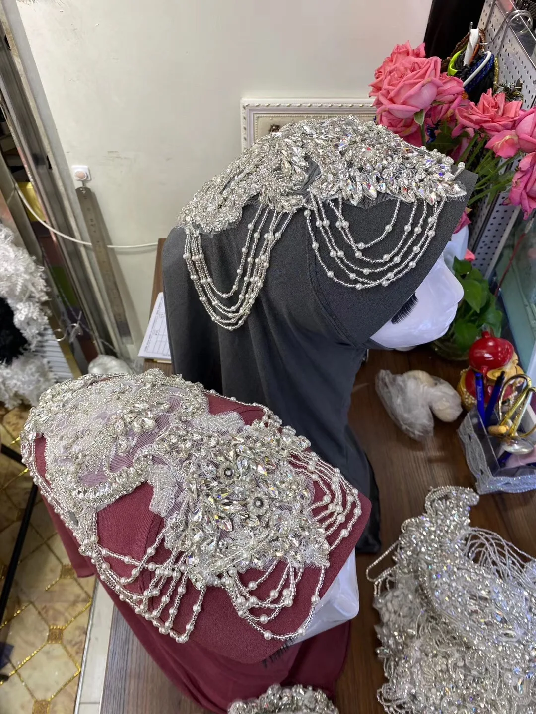 Heavy beaded rhinestone applique with crystal tassel bridal rhinestone lace applique for wedding gown neckline headband