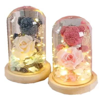 2024 Лидер продаж вечная жизнь цветок стеклянная крышка подарочная коробка креативный подарок День Святого Валентина мох медведь Роза сушеный букет