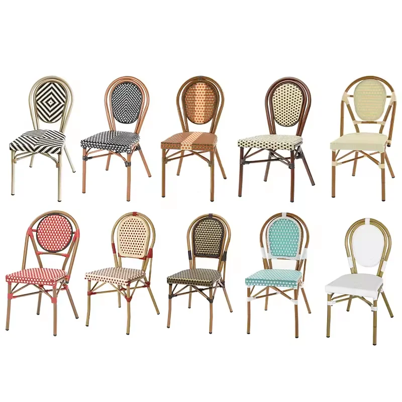 Patio Stacked French wicker Rattan Woven Cafe chairs French style Blue and white rattan woven bistro chairs for outdoor use