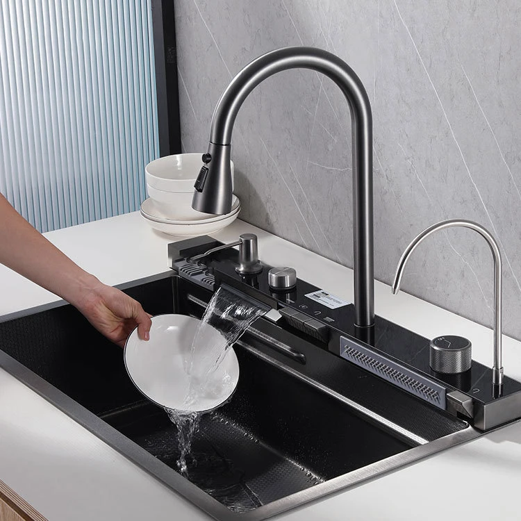 JY7546 Thickened Piano Key Multifunction Sink Anti-Scratch LED Digital Display Waterfall Kitchen Sink With Cup Washer