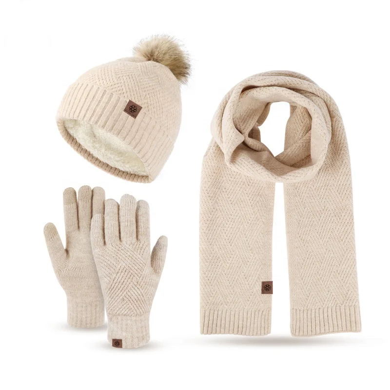New Solid-Color Wool Warm Hat Scarf and Gloves Set Anti-cold Wool Ball and Fleece Knitted Suit