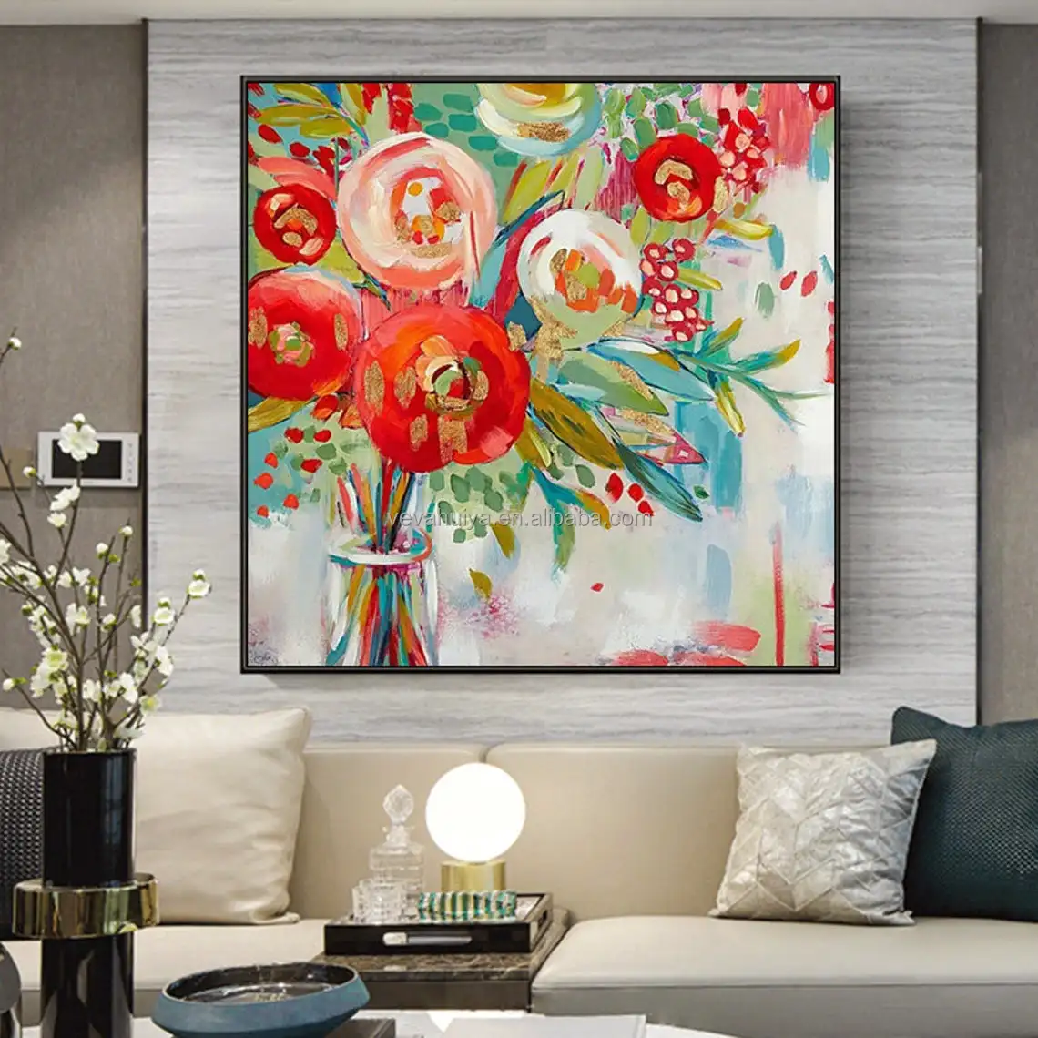 100% Handmade Abstract With Golden Foil Red Color Oil Painting Home Restaurant Decorative Painting