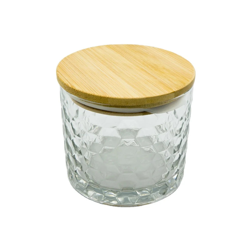 China Manufacturer Custom size Round Storage Container Clear/Embossed Glass Candle Jars with Bamboo Lid with customized logo