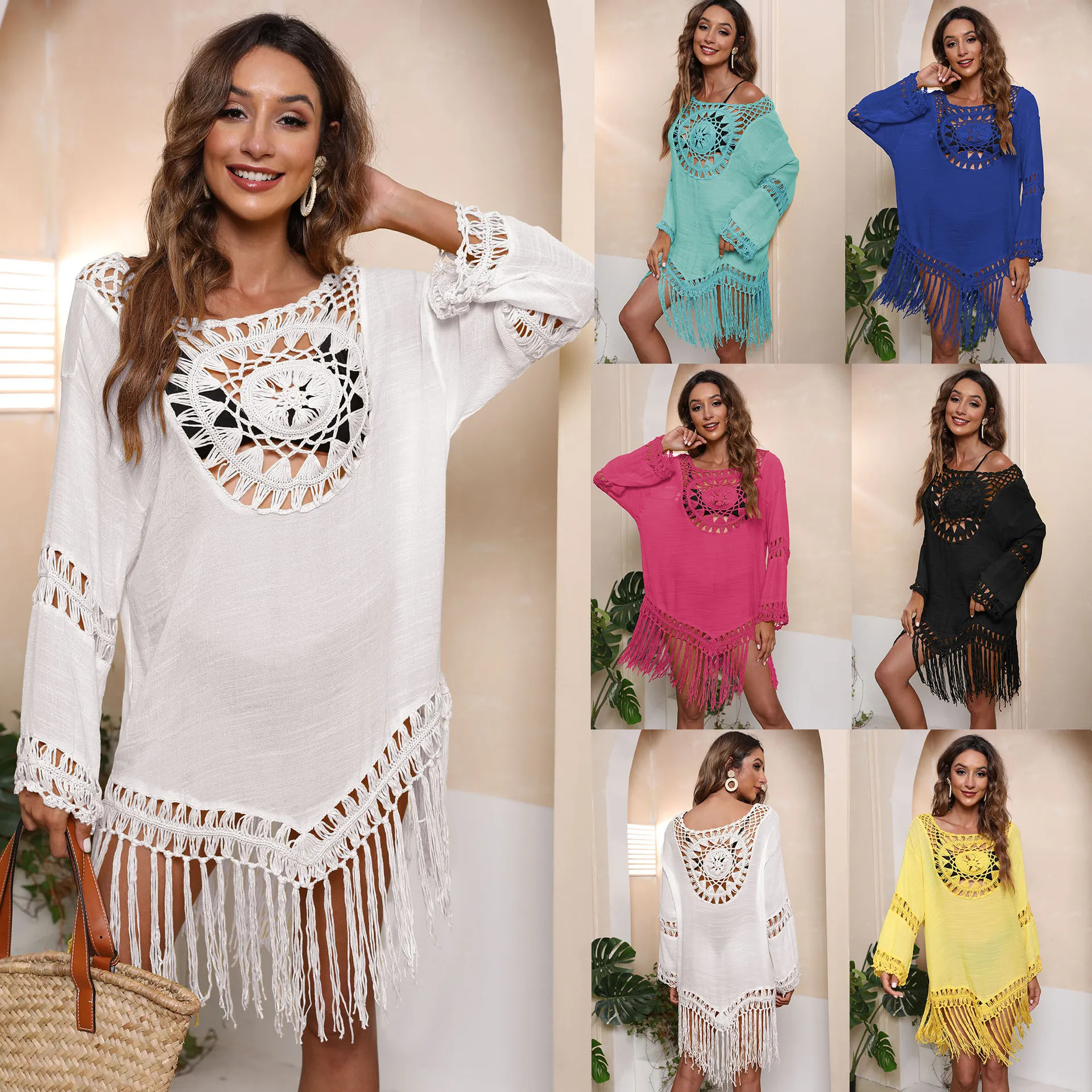 Bohemian style seaside beach bikini blouse tassel skirt hand hook stitching dress