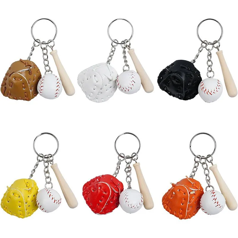 2024 Leather Baseball Keychain with Wooden Bat Mini Baseball Keyring Sports Keychain for Team Baseball Bat Glove Shaped Keychain