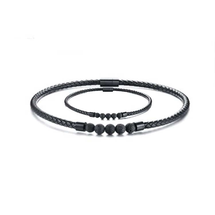 Stainless Steel Magnet Buckle Volcanic Lava Rock Stone Genuine Leather Choker Collar Black Necklace